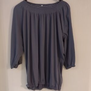 Women's Gray Crew Neck Elastic Waist Hem 3/4 Sleeve Fashion Blouse